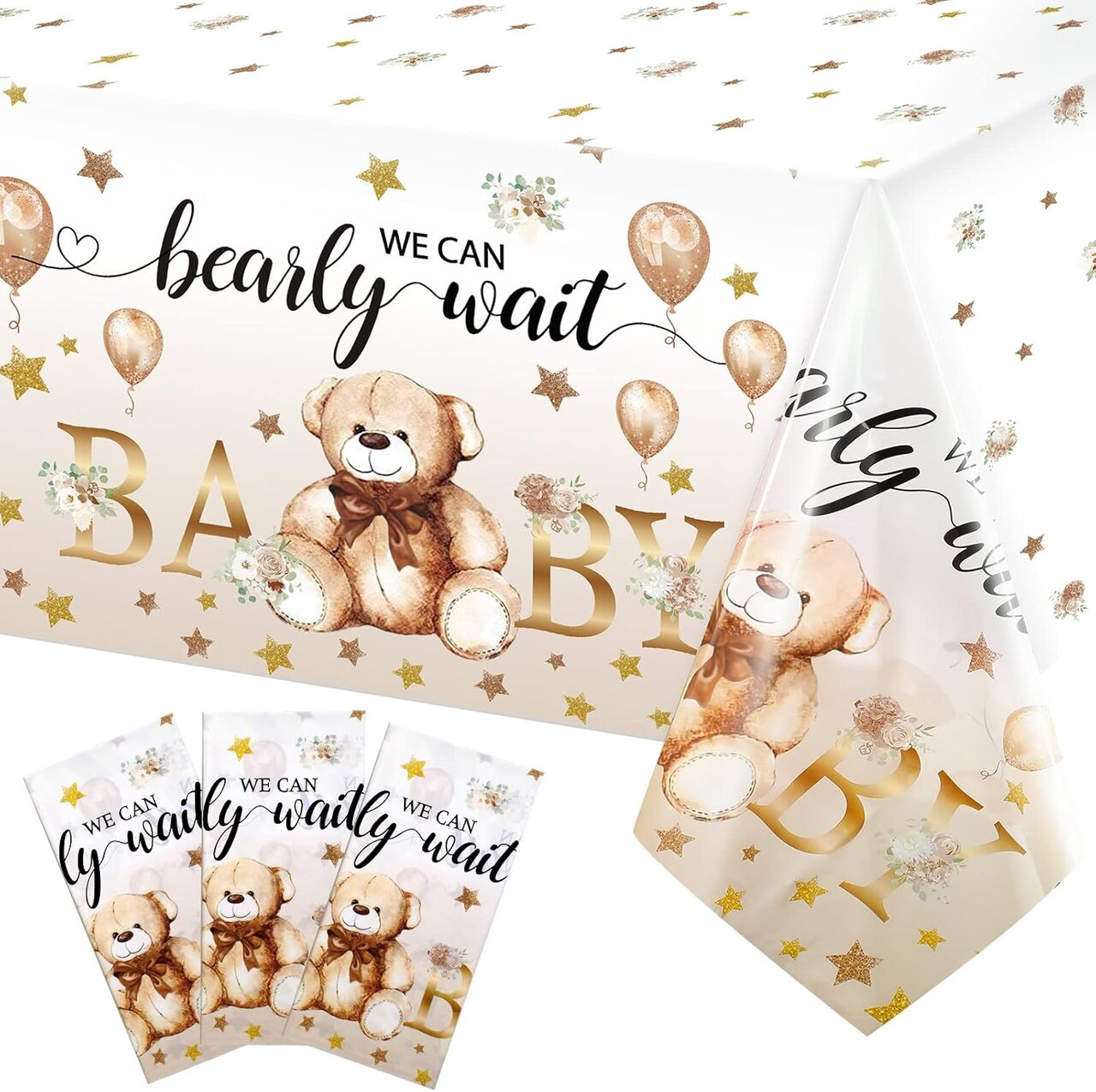 3 Pack Bear Baby Shower Tablecloths Gender Reveal Table Covers Rectangle Plastic Table Cloths for Bear Baby Shower Gender Reveal Party Decorations, 54 x 108 Inch
